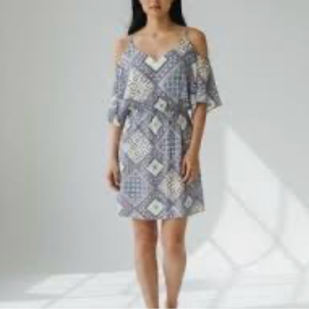 Guess‎ Blue and White Patterned Cold Shoulder Mini Dress